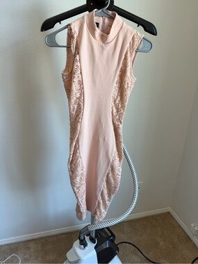 bebe Blush Lace-Panel Mock Neck Mini Dress